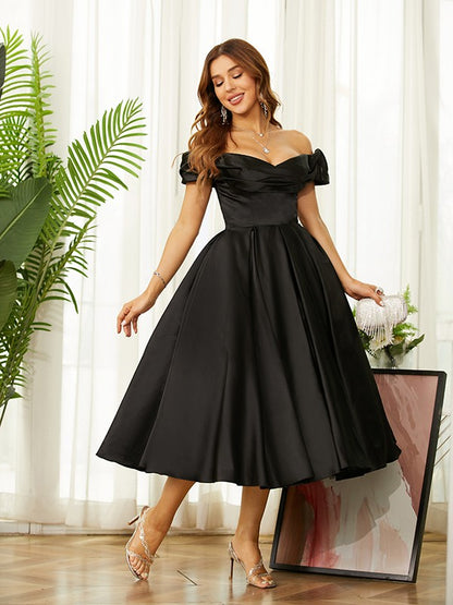 A-Line/Princess Satin Ruched Off-the-Shoulder Sleeveless Tea-Length Dresses