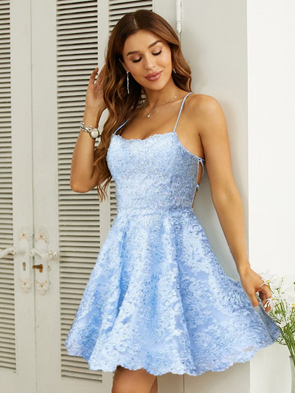 A-Line/Princess Lace Spaghetti Straps Sleeveless Short/Mini Dresses