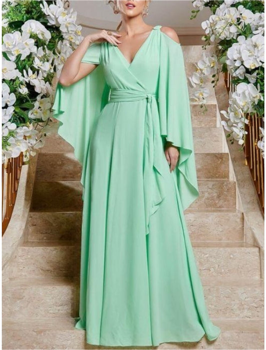 Sheath / Column Wedding Guest Dresses Elegant Dress Wedding Guest Floor Length Long Sleeve V Neck Chiffon with Pleats Ruffles