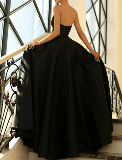 A-Line Evening Gown Elegant Black Dress Plus Size Formal Masquerade Floor Length Sleeveless Strapless Satin with Ruched Slit