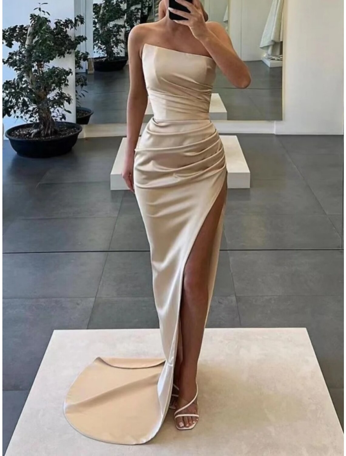 A-Line Evening Gown Elegant Dress Formal Court Train Sleeveless Strapless Satin with Ruched Slit