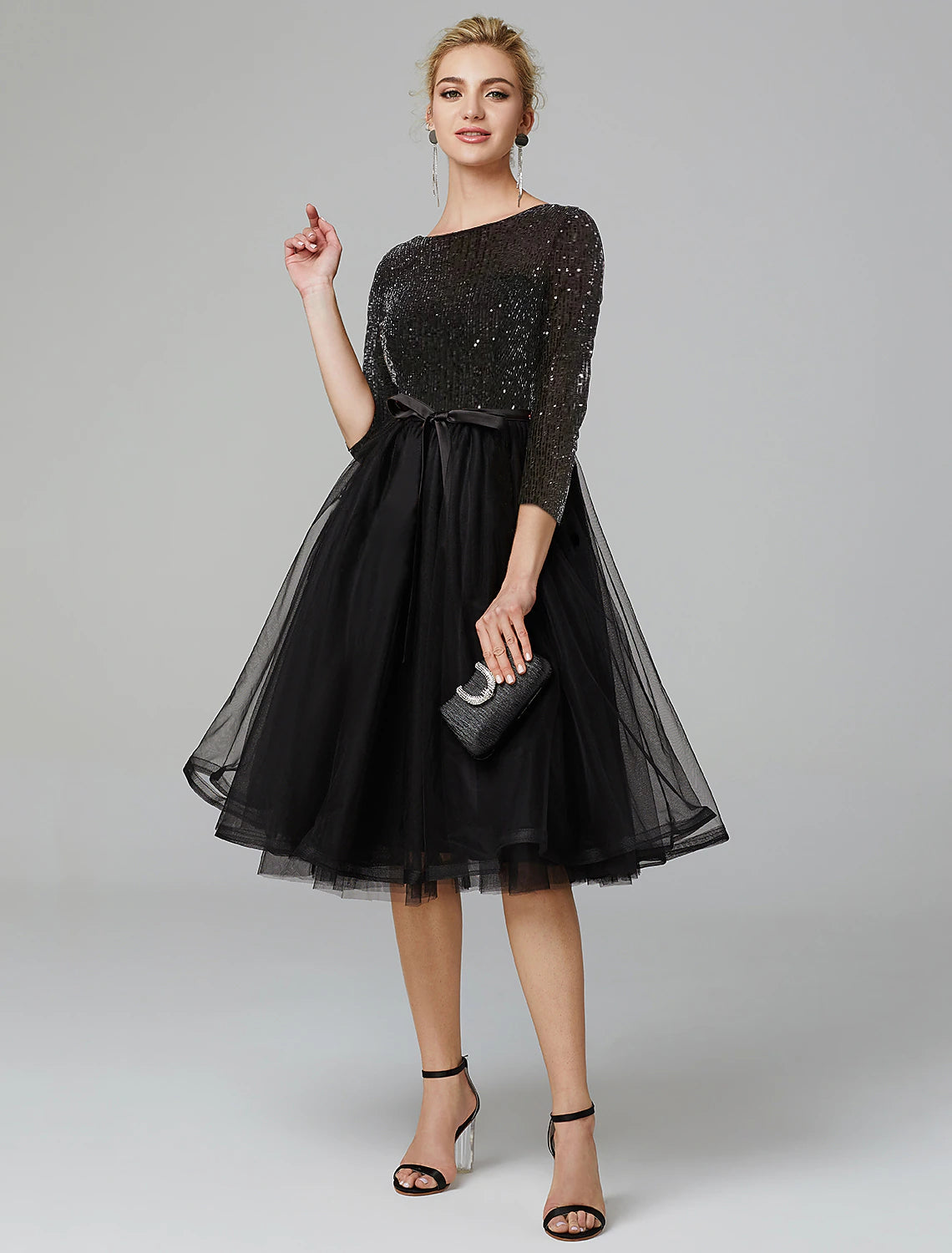 A-Line Cocktail Dresses Sparkle & Shine Dress Formal Wedding Guest Tea Length 3/4 Length Sleeve Jewel Neck Fall Wedding Guest Tulle with Sequin Strappy