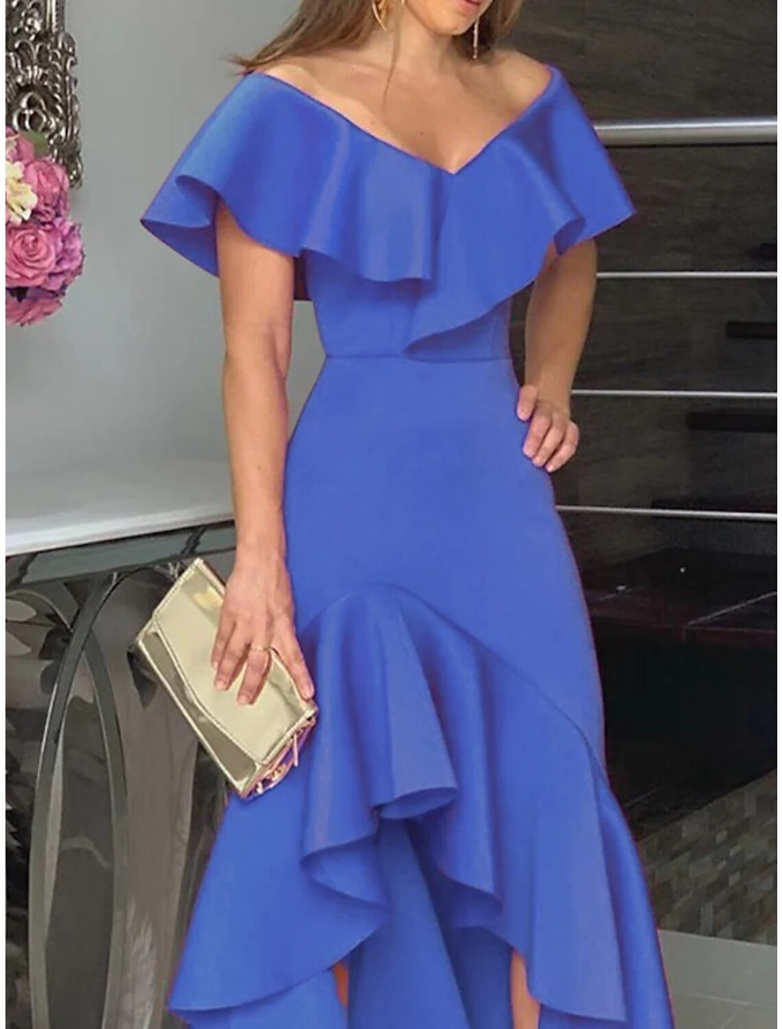 A-Line Wedding Guest Dresses Elegant Dress Wedding Party Semi Formal Asymmetrical Sleeveless V Neck Satin with Ruffles Slit