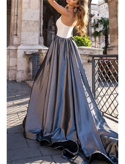 A-Line Evening Gown Color Block Dress Wedding Prom Floor Length Sleeveless Stand Collar Stretch Chiffon with Glitter