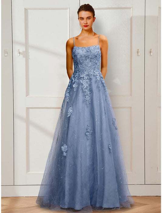 A-Line Prom Dresses Floral Dress Party Wear Prom Floor Length Sleeveless Spaghetti Strap Satin with Appliques