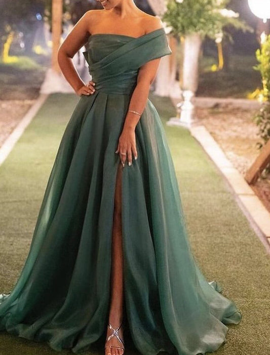 A-Line Evening Gown Red Green Dress Wedding Guest Prom Sweep / Brush Train Short Sleeve One Shoulder Organza with Ruched Slit