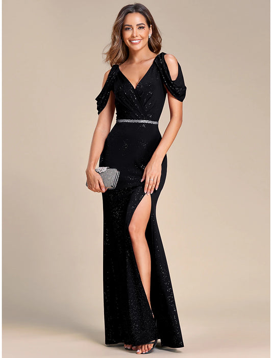 Mermaid Wedding Guest Dresses Sparkle Black Dress Formal Wedding Floor Length Short Sleeve V Neck Lace with Sequin Slit