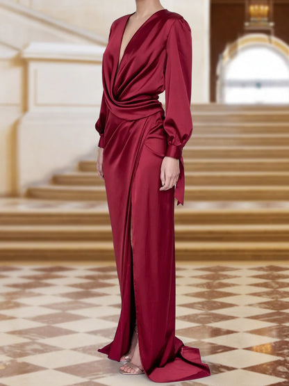 Tight fitting/cross column V-neck long sleeved pleated wrap with slit for even gown