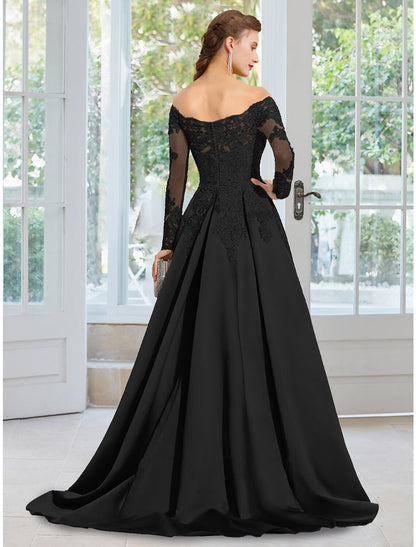 A-Line Evening Gown Floral Dress Formal Black Dress Court Train Long Sleeve Off Shoulder Lace with Appliques