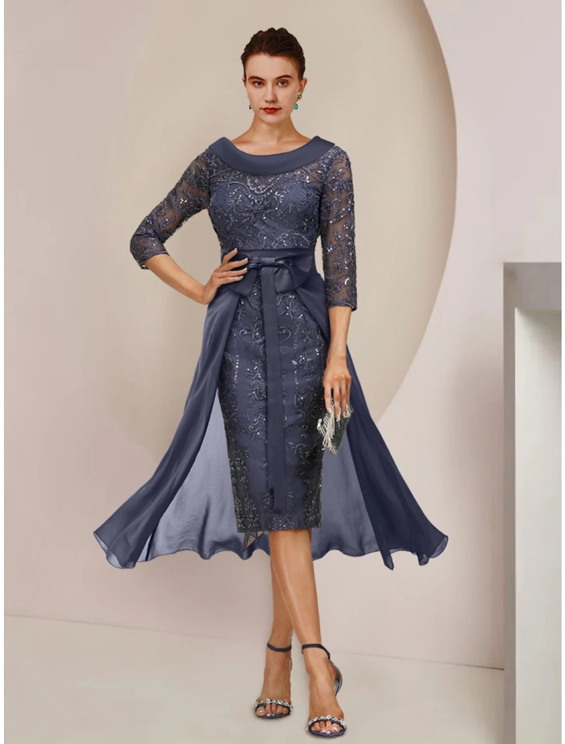 A-Line Mother of the Bride Dress Wedding Guest Elegant Petite Scoop Neck Knee Length Stretch Chiffon 3/4 Length Sleeve with Bow(s) Sequin