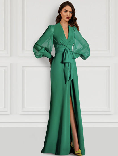 Mermaid Red Green Dress Evening Gown Elegant Dress With Bow Formal Wedding Guest Sweep / Brush Train Long Sleeve V Neck Fall Wedding Guest Chiffon with Slit Strappy