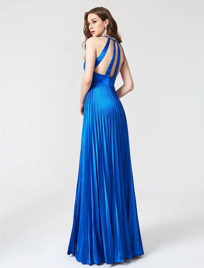 A-Line Beautiful Back Dress Holiday Cocktail Party Floor Length Sleeveless Jewel Neck Satin with Pleats Beading