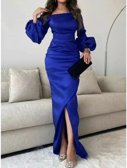 Mermaid / Trumpet Evening Gown Elegant Dress Formal Floor Length Long Sleeve Square Neck Satin with Ruched Sequin Slit