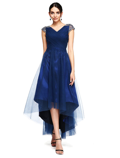 A-Line Special Occasion Dresses Open Back Dress Wedding Guest Prom Asymmetrical Short Sleeve V Neck Tulle with Criss Cross Beading