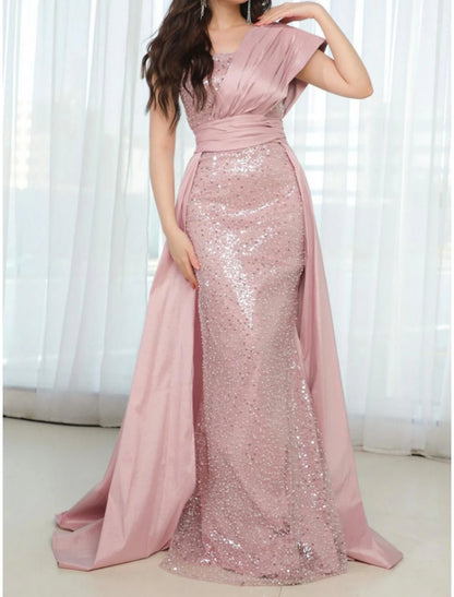 Sheath / Column Evening Gown Elegant Dress Formal Sweep / Brush Train Short Sleeve One Shoulder Satin with Ruched Sequin