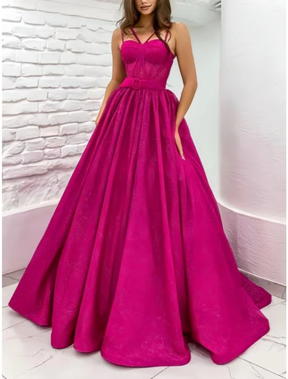 A-Line Evening Gown Elegant Dress Formal Court Train Sleeveless Sweetheart Sequined with Pleats Sequin