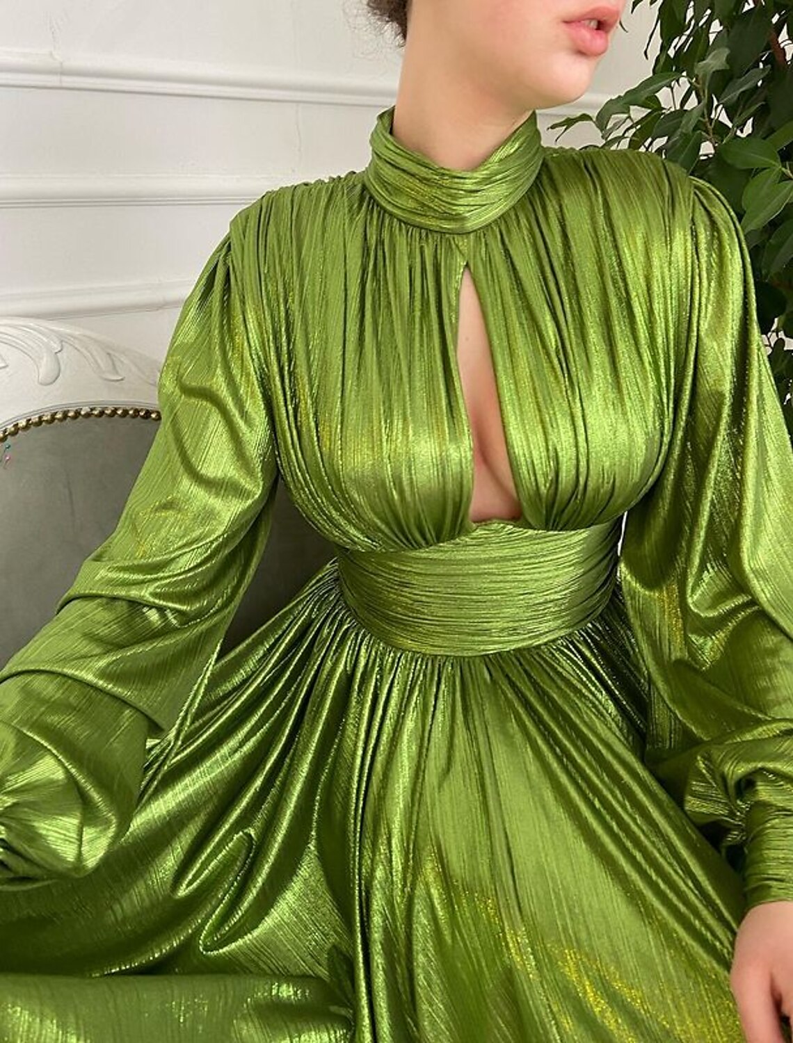 A-Line Evening Gown Elegant Dress Red Green Dress Party Wear Court Train Long Sleeve High Neck Taffeta with Pleats Slit