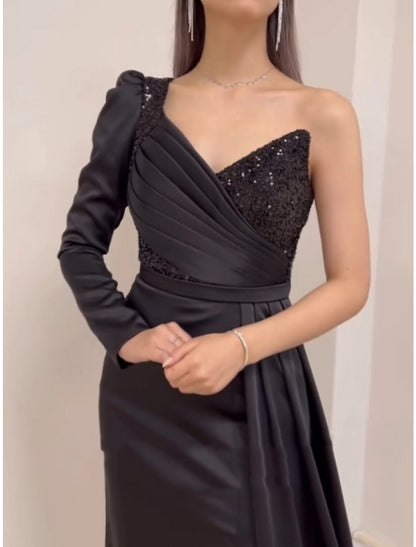 A-Line Evening Gown Elegant Dress Formal Court Train Black Dress Long Sleeve One Shoulder Satin with Pleats Ruched Sequin