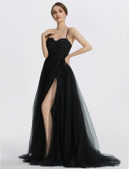 A-Line Prom Dresses Glittering Dress Masquerade photoshoot Floor Length Sleeveless Sweetheart Tulle with Appliques