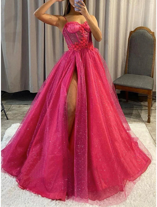 A-Line Evening Gown Corsets Dress Formal Wedding Party Court Train Sleeveless Spaghetti Strap Tulle with Slit Appliques