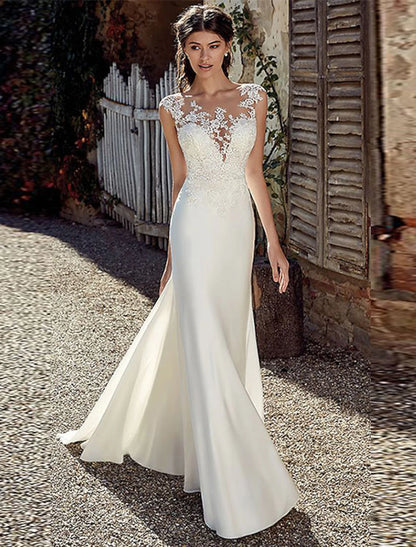 Beach Open Back Wedding Dresses Mermaid / Trumpet Illusion Neck Cap Sleeve Court Train Chiffon Bridal Gowns With Appliques