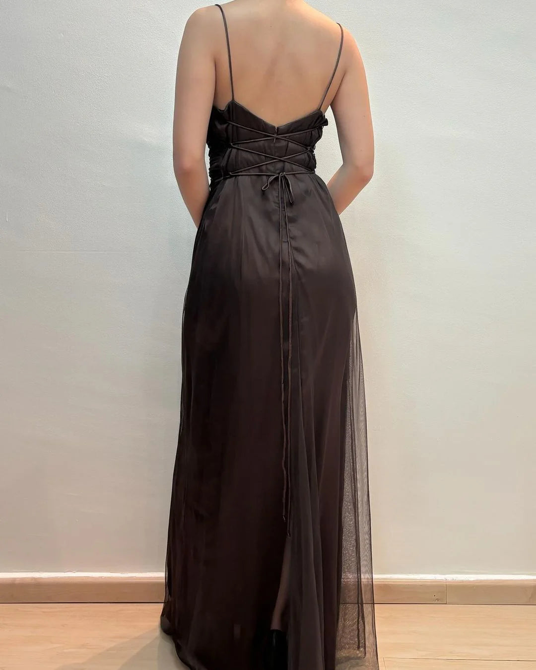 Coffee colored thin shoulder strap backless long gown evening dresses