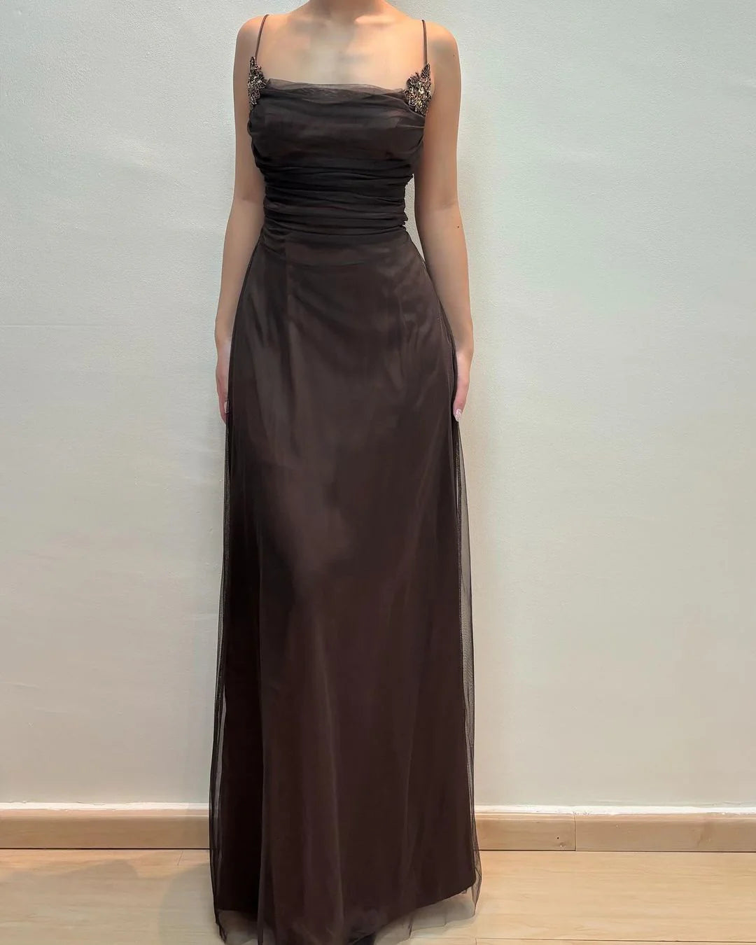 Coffee colored thin shoulder strap backless long gown evening dresses