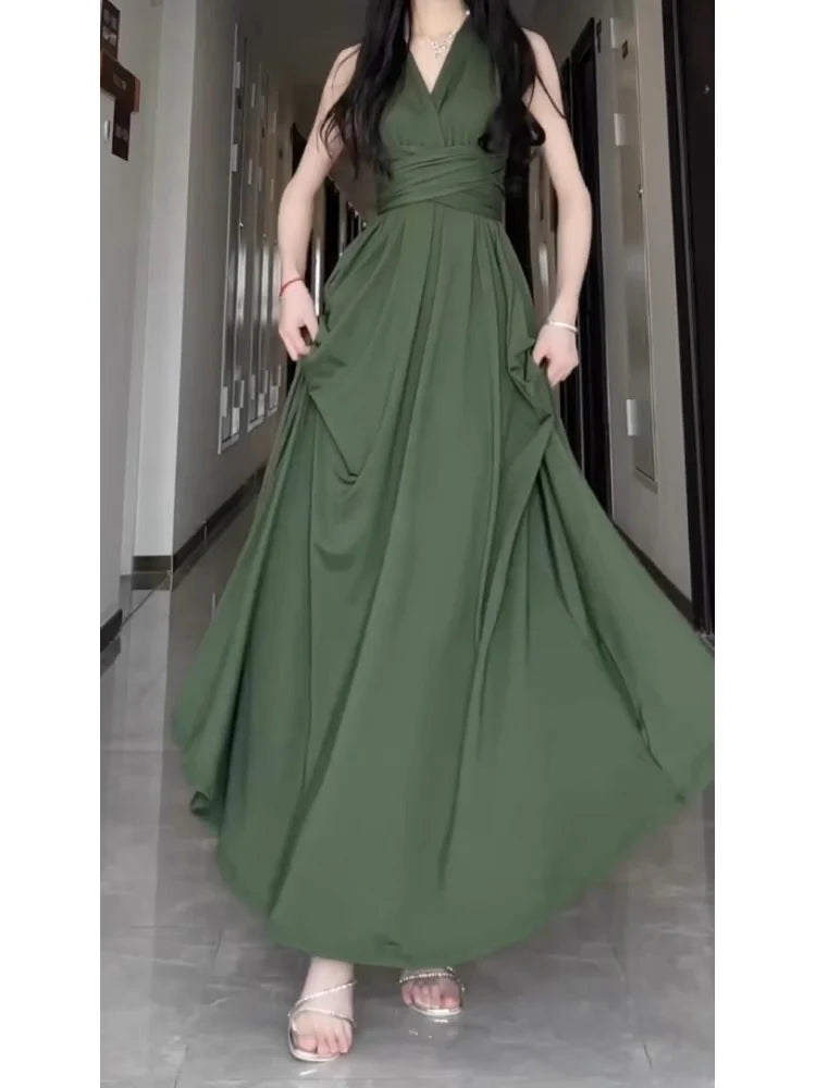 V-neck A-line green long gown evening dresses