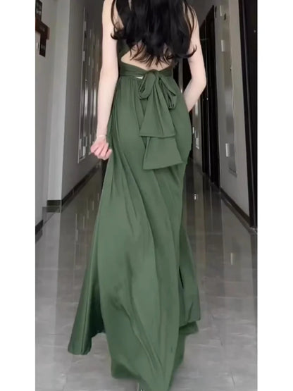 V-neck A-line green long gown evening dresses