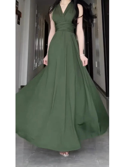 V-neck A-line green long gown evening dresses