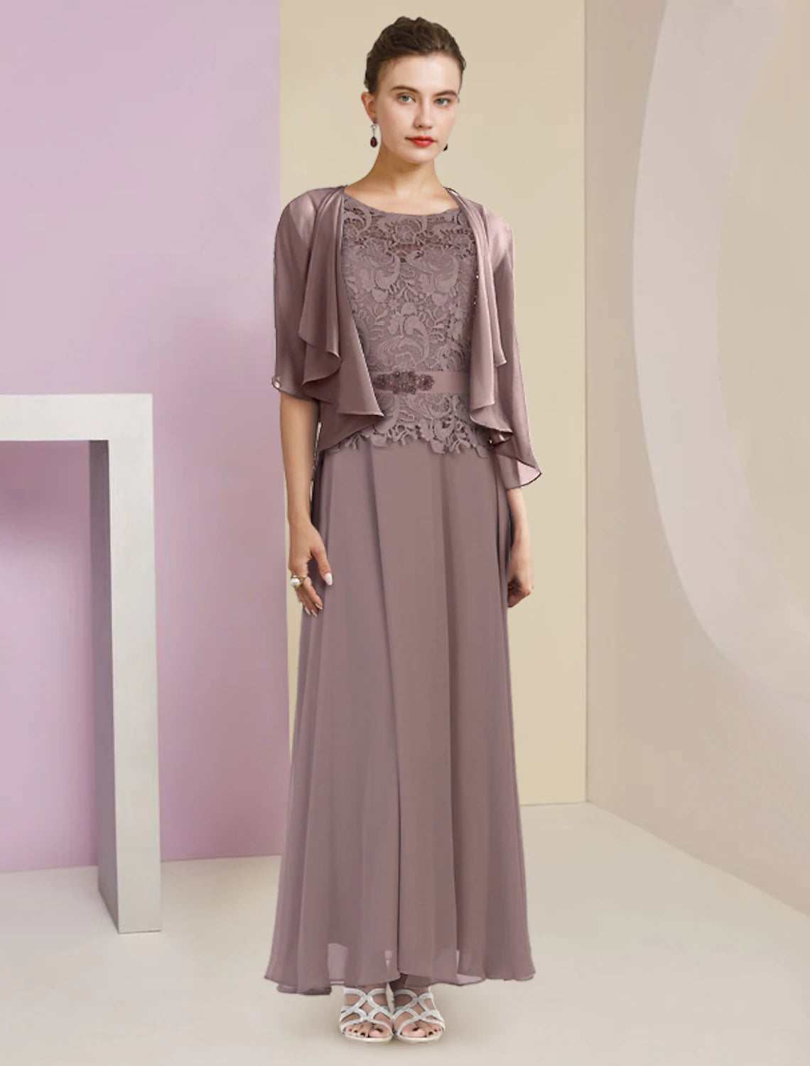 Two Piece A-Line Mother of the Bride Dress Formal Wedding Guest Elegant Scoop Neck Floor Length Chiffon Lace 3/4 Length Sleeve Wrap Included with Appliques Crystal Brooch