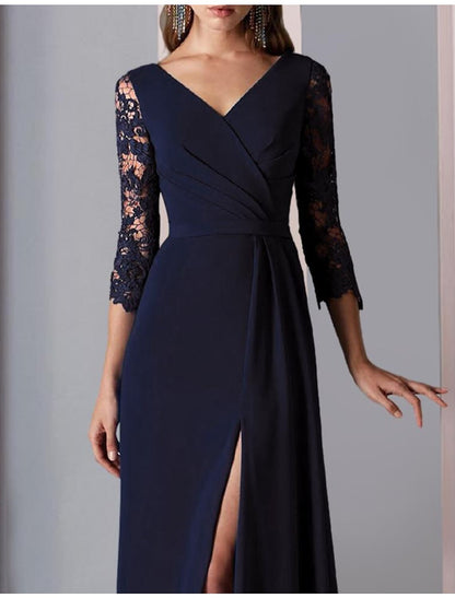 A-Line Mother of the Bride Dress Formal Wedding Guest Elegant Party V Neck Floor Length Lace Stretch Chiffon 3/4 Length Sleeve with Appliques Split Front