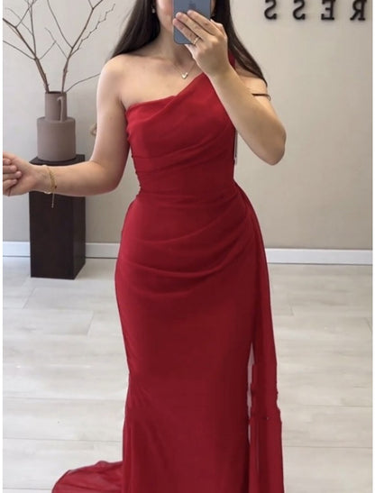 A-Line Evening Gown Elegant Dress Formal Sweep / Brush Train Christmas Red Green Dress Sleeveless One Shoulder Stretch Chiffon with Pleats Ruched