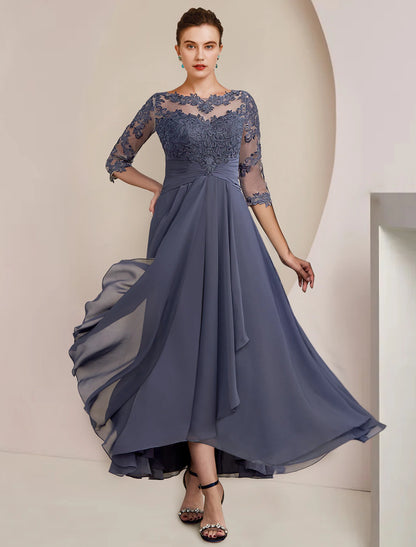 A-Line Mother of the Bride Dress Plus Size Elegant High Low Jewel Neck Asymmetrical Tea Length Chiffon Lace Half Sleeve with Ruched Appliques