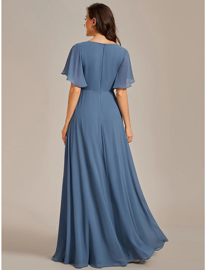 A-Line Wedding Guest Dresses Elegant Dress Formal Wedding Sweep / Brush Train Short Sleeve V Neck Chiffon with Ruched Appliques