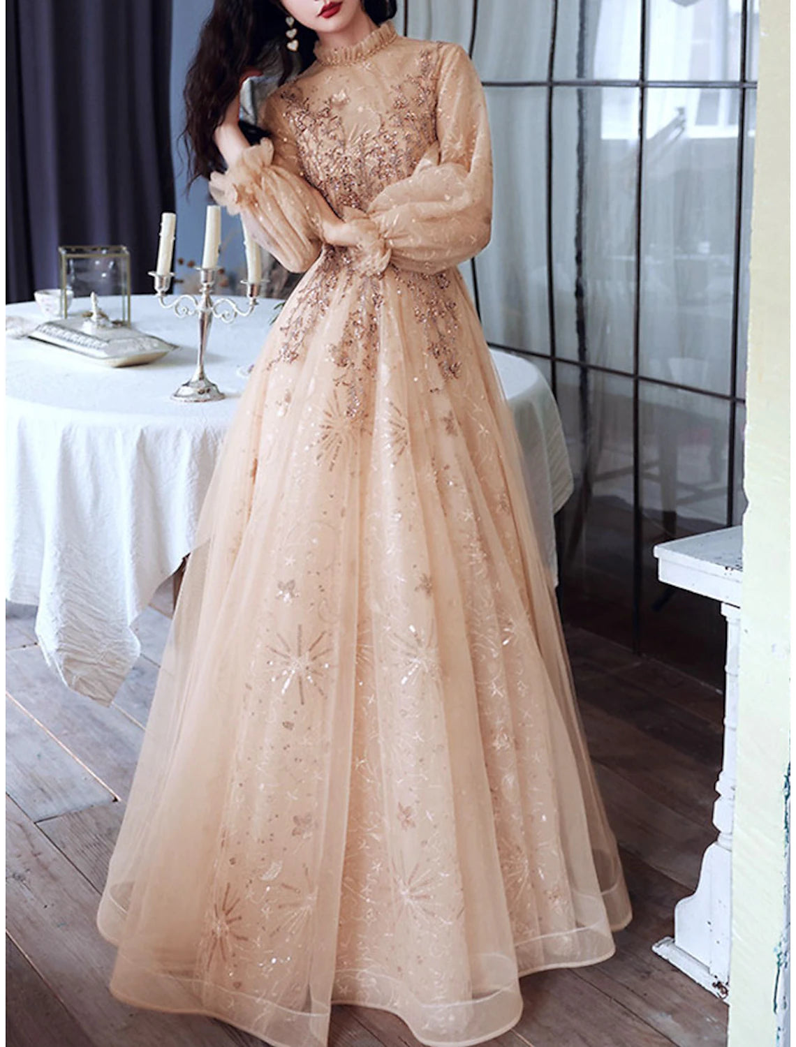 A-Line Glittering Elegant Engagement Formal Evening Dress High Neck Long Sleeve Floor Length Tulle with Sequin