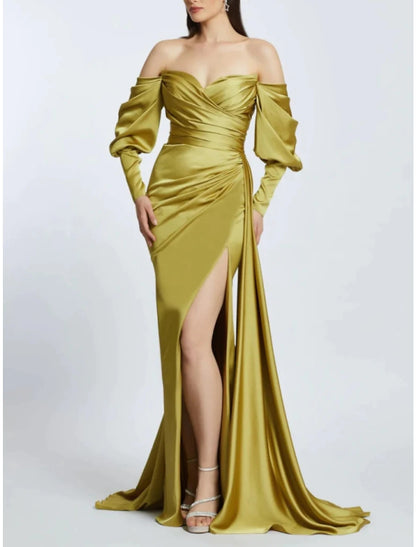 A-Line Evening Gown High Split Dress Formal Sweep / Brush Train Long Sleeve Off Shoulder Satin with Pleats Ruched Slit