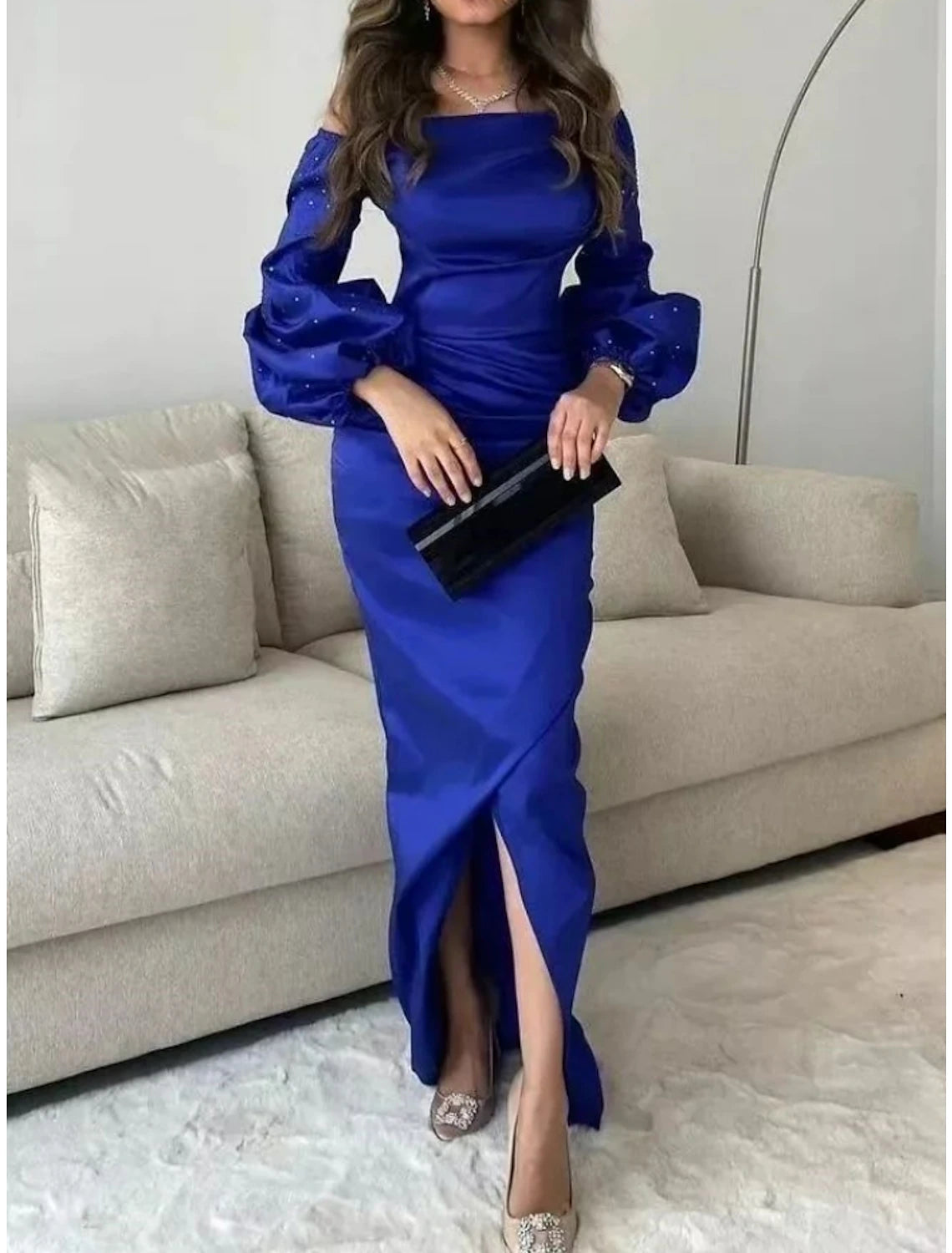 Mermaid / Trumpet Evening Gown Elegant Dress Formal Floor Length Long Sleeve Square Neck Satin with Ruched Sequin Slit