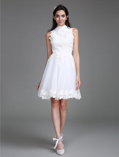 Little White Dresses Wedding Dresses Knee Length A-Line Regular Straps High Neck Lace With Lace