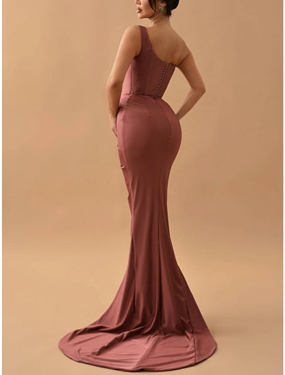 Sheath / Column Evening Gown High Split Dress Formal Sweep / Brush Train Sleeveless One Shoulder Satin with Ruched Slit