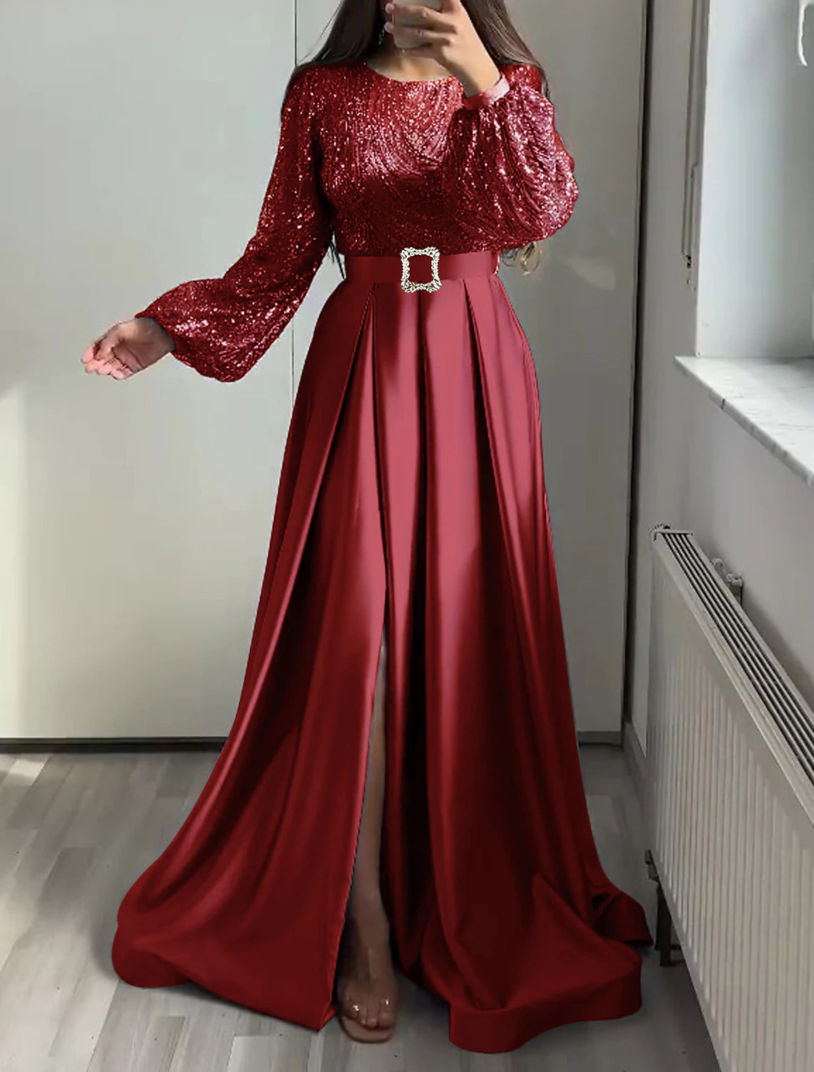 A-Line Evening Gown Elegant Dress Wedding Black Tie Floor Length Long Sleeve Jewel Neck Fall Wedding Guest Satin with Sequin