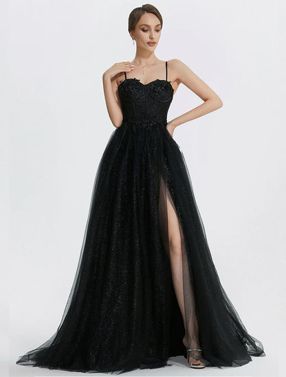 A-Line Prom Dresses Glittering Dress Masquerade photoshoot Floor Length Sleeveless Sweetheart Tulle with Appliques