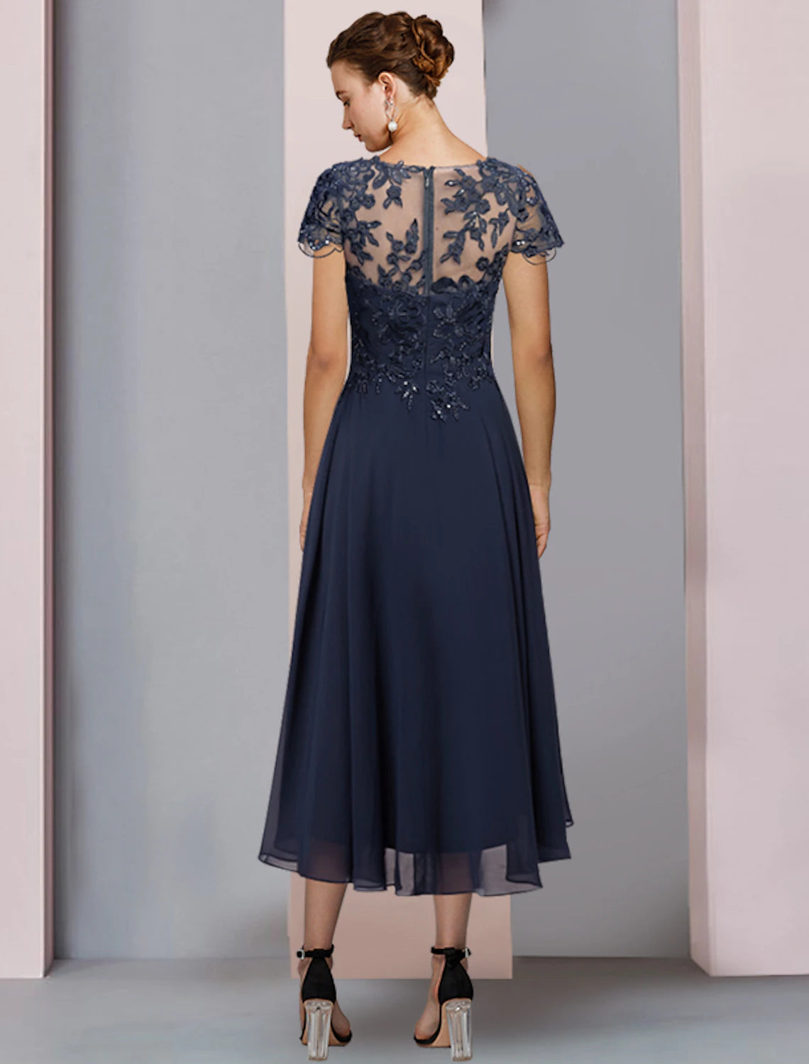 A-Line Mother of the Bride Dress Formal Wedding Guest Elegant Scoop Neck Jewel Neck Tea Length Chiffon Lace Short Sleeve with Pleats Sequin Appliques