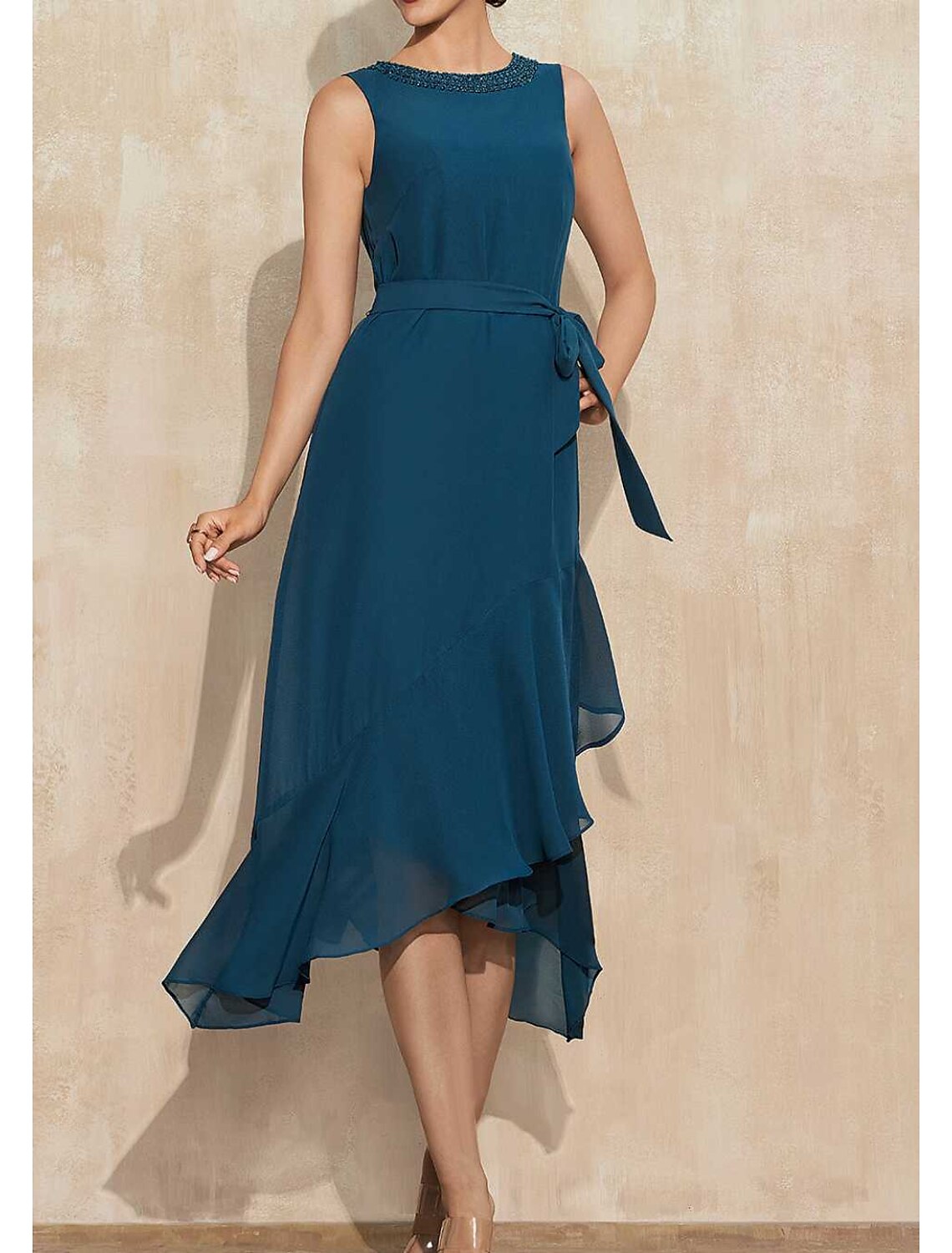 A-Line Wedding Guest Dresses Elegant Dress Party Wear Wedding Party Asymmetrical Sleeveless Jewel Neck Chiffon with Ruffles Strappy