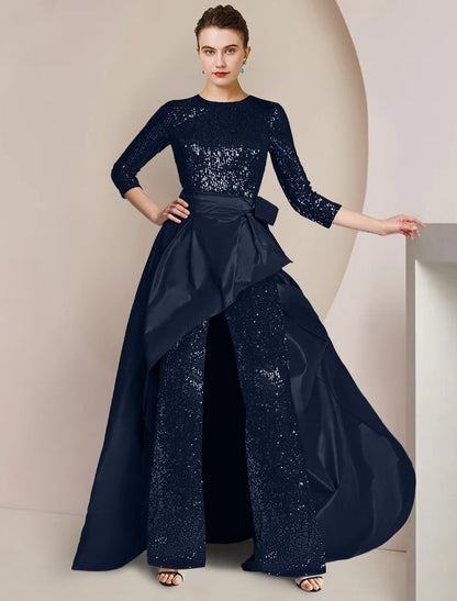 Two Piece Jumpsuit / Pantsuit Mother of the Bride Dress Formal Wedding Guest Elegant Scoop Neck Asymmetrical Floor Length Taffeta Sequined 3/4 Length Sleeve with Solid Color