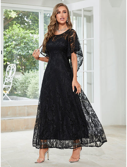 A-Line Wedding Guest Dresses Elegant Dress Party Wear Wedding Party Ankle Length Half Sleeve Jewel Neck Lace with Ruffles Appliques