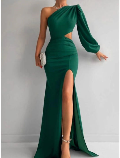 A-Line Evening Gown Elegant Dress Formal Sweep / Brush Train Formal Red Green Dress Long Sleeve One Shoulder Stretch Fabric with Pleats Ruched Slit