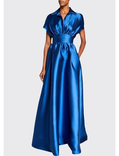 A-Line Evening Gown Elegant Dress Formal Floor Length Short Sleeve Shirt Collar Satin with Pleats