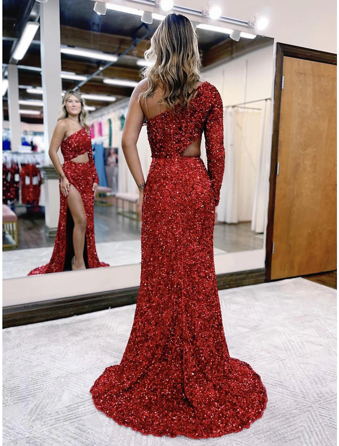 Mermaid / Trumpet Prom Dresses Sparkle & Shine Dress Formal Wedding Party Court Train Long Sleeve One Shoulder Sequined Backless with Sequin Slit