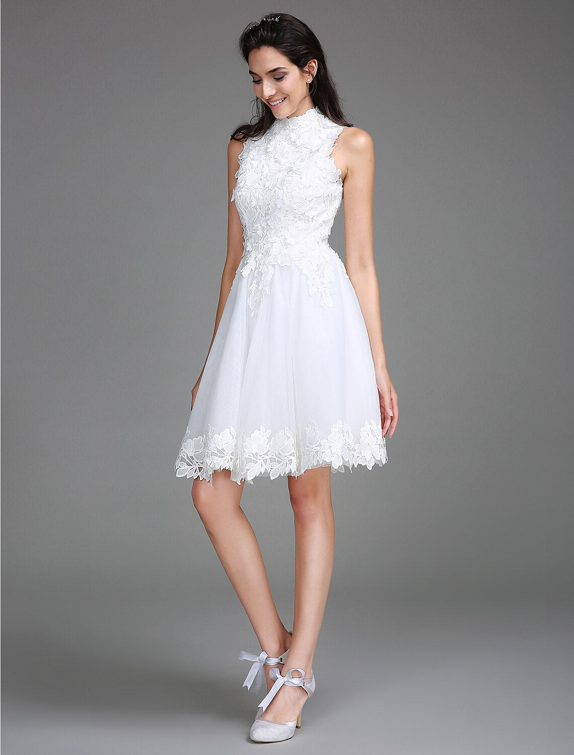 Little White Dresses Wedding Dresses Knee Length A-Line Regular Straps High Neck Lace With Lace